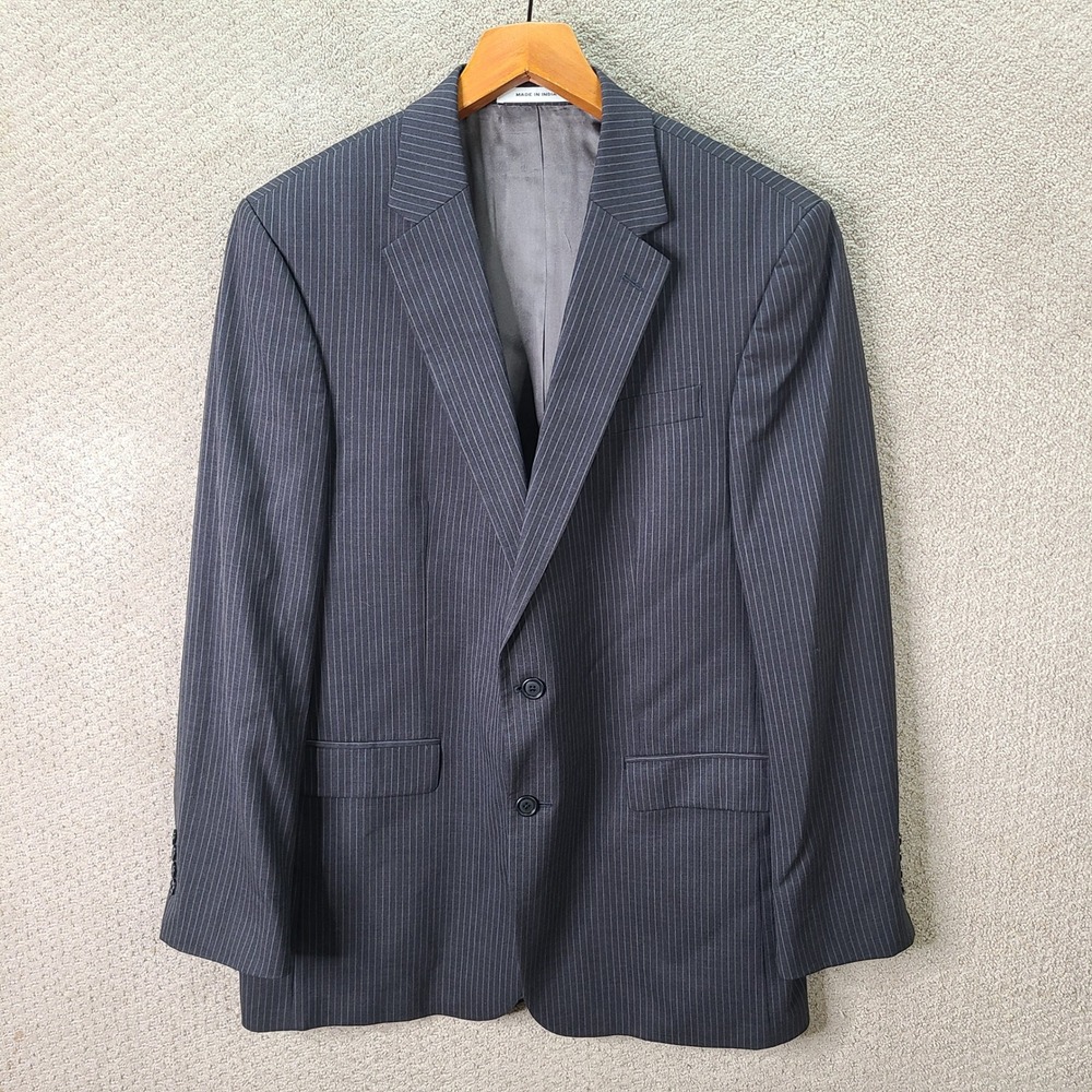 Kenneth Cole Jacket Mens 43L Gray Striped Blazer Wool Two Button Suit Coat